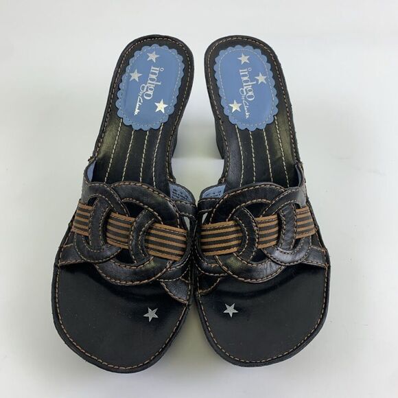 Indigo By Clarks Slide Heel Sandal Black Brown Leather Chunky Woven Womens 7 - Picture 3 of 12